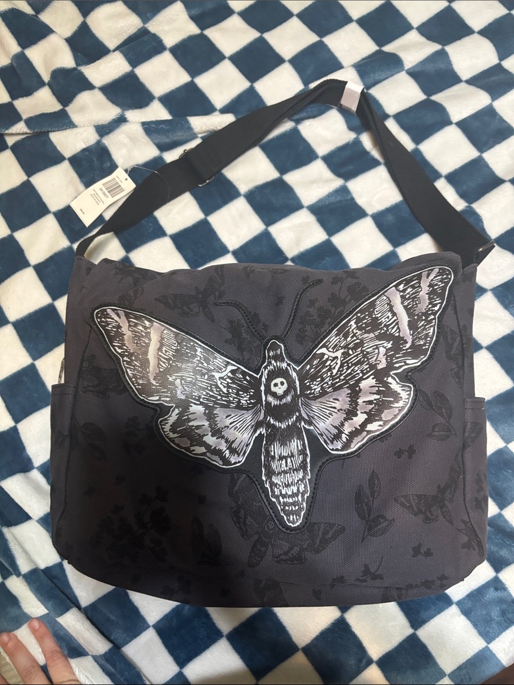 Hot Topic Black Gray Crossbody Messenger Bag with Moth Patch